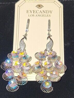 Eye Candy Peacock Silver Iridescent Statement Drop Earrings Te rt tL